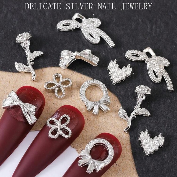 60 Piece 6 Grid Box Nail Jewelry Silver Tulip Bow Rose Heart Nail Rhinestone Kit - Picture 4 of 7